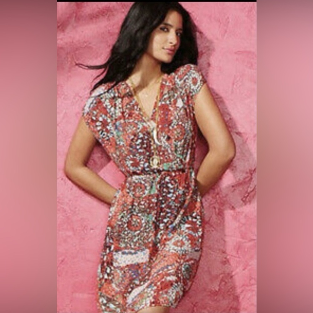 CAbi 862 St. Barts‎ Mosaic Faux Wrap Dress V-Neck Short Cap Sleeve Size XS